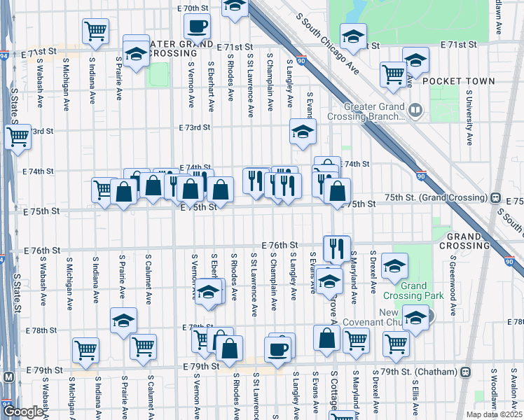 map of restaurants, bars, coffee shops, grocery stores, and more near 7457 South Champlain Avenue in Chicago