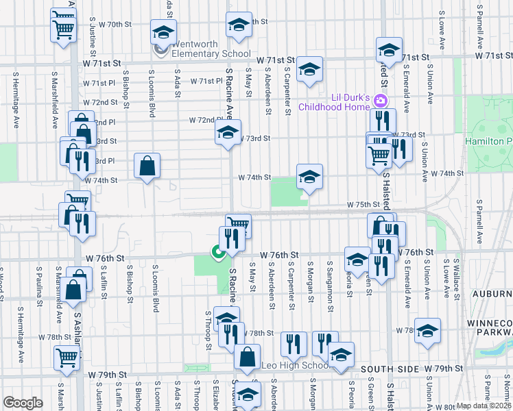 map of restaurants, bars, coffee shops, grocery stores, and more near 7439 South May Street in Chicago