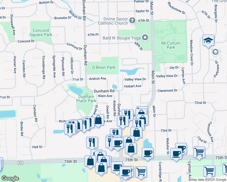 map of restaurants, bars, coffee shops, grocery stores, and more near 7151 Barrett Street in Downers Grove