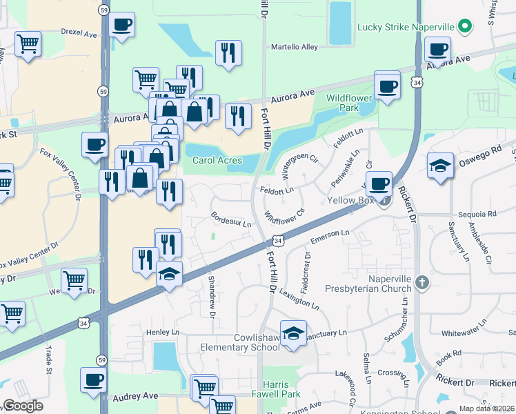 map of restaurants, bars, coffee shops, grocery stores, and more near 2506 Carrolwood Road in Naperville