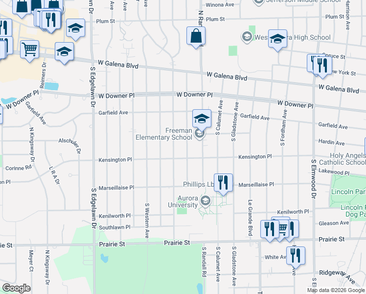 map of restaurants, bars, coffee shops, grocery stores, and more near 155 South Glenwood Place in Aurora