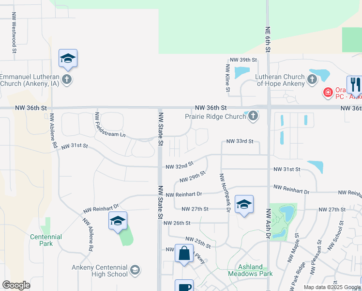 map of restaurants, bars, coffee shops, grocery stores, and more near 3309 Northwest Edgewater Lane in Ankeny