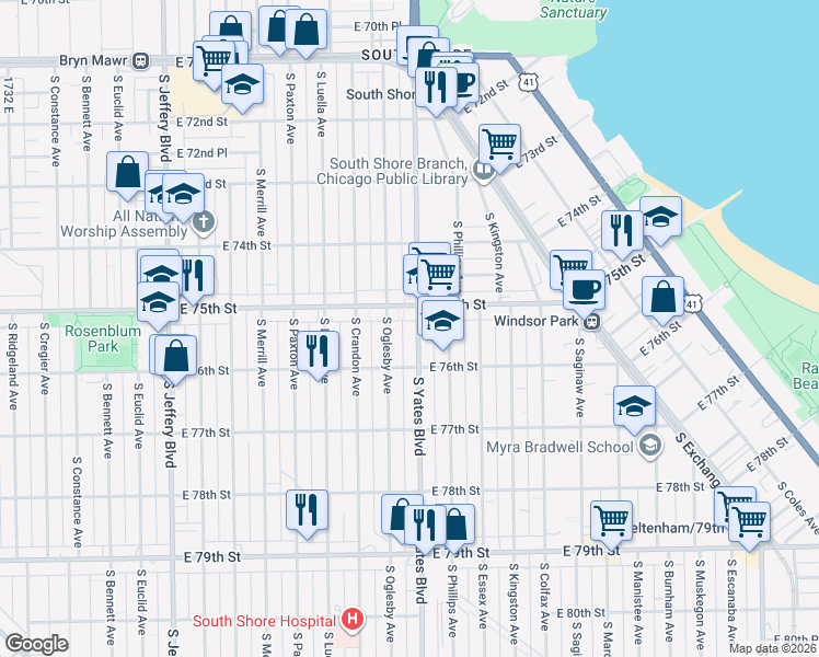 map of restaurants, bars, coffee shops, grocery stores, and more near 7522 South Yates Boulevard in Chicago