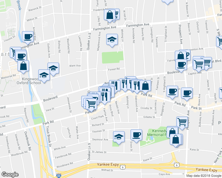 map of restaurants, bars, coffee shops, grocery stores, and more near 88 Washington Circle in West Hartford