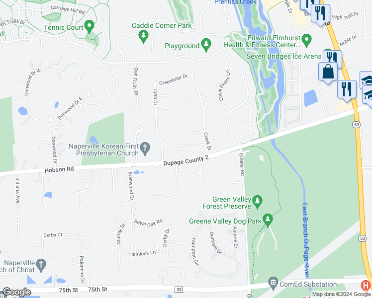 map of restaurants, bars, coffee shops, grocery stores, and more near 3929 Hobson Gate Court in Naperville