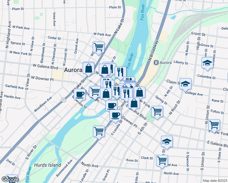 map of restaurants, bars, coffee shops, grocery stores, and more near 13A North Stolp Avenue in Aurora