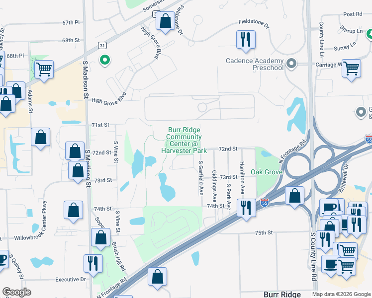 map of restaurants, bars, coffee shops, grocery stores, and more near 106 Chestnut Hills Circle in Burr Ridge