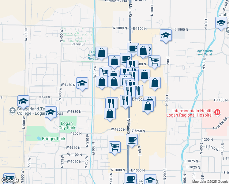 map of restaurants, bars, coffee shops, grocery stores, and more near 1427 North Main Street in Logan