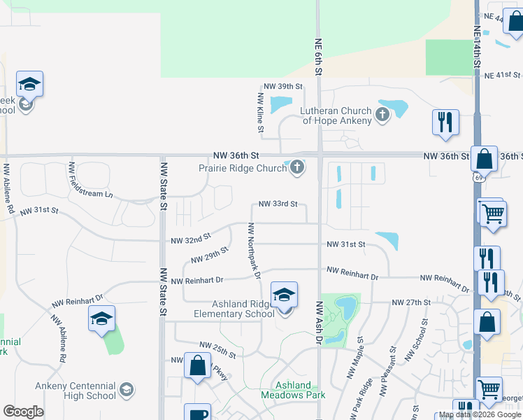 map of restaurants, bars, coffee shops, grocery stores, and more near 1019 NW 33rd St in Ankeny
