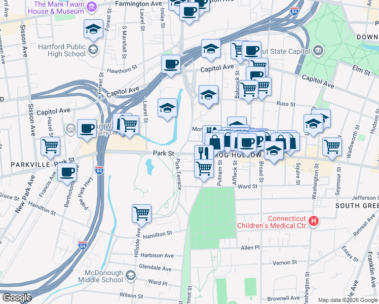 map of restaurants, bars, coffee shops, grocery stores, and more near 946 Park Street in Hartford
