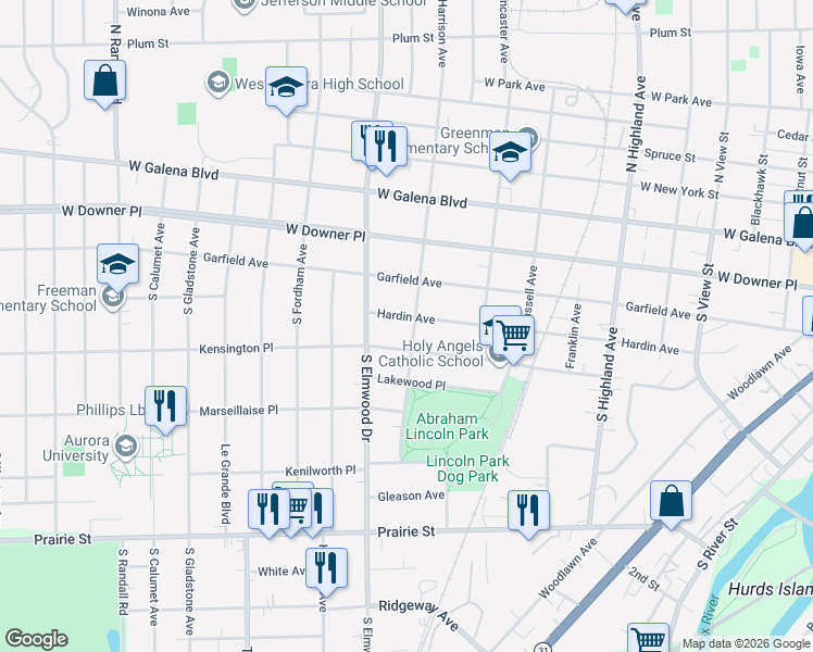 map of restaurants, bars, coffee shops, grocery stores, and more near 153 South Harrison Avenue in Aurora