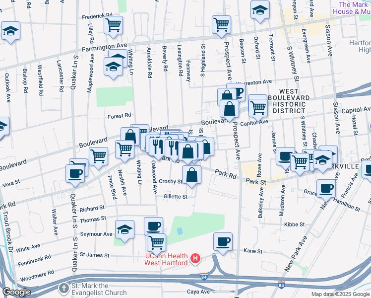 map of restaurants, bars, coffee shops, grocery stores, and more near 27 Fairlawn Street in West Hartford