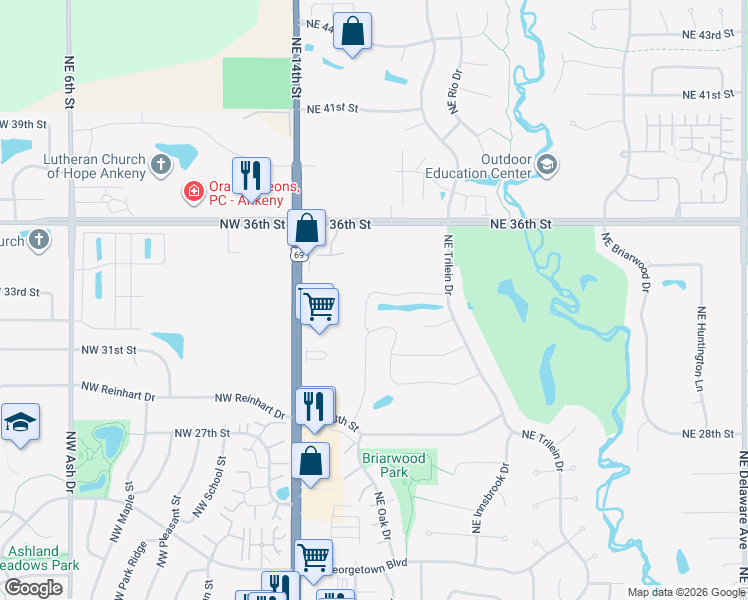 map of restaurants, bars, coffee shops, grocery stores, and more near 211 Northeast Eaglewood Drive in Ankeny