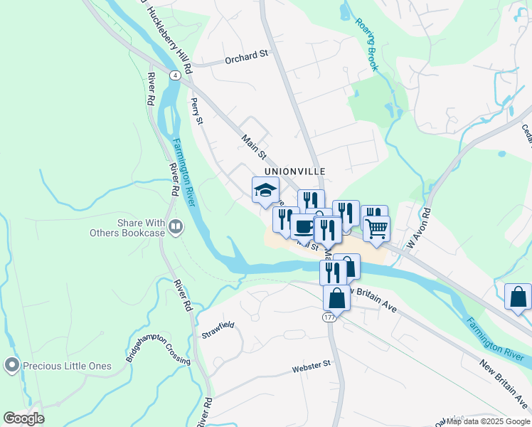 map of restaurants, bars, coffee shops, grocery stores, and more near 173 School Street in Farmington
