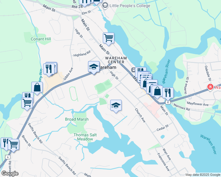 map of restaurants, bars, coffee shops, grocery stores, and more near 5 Kennedy Lane in Wareham