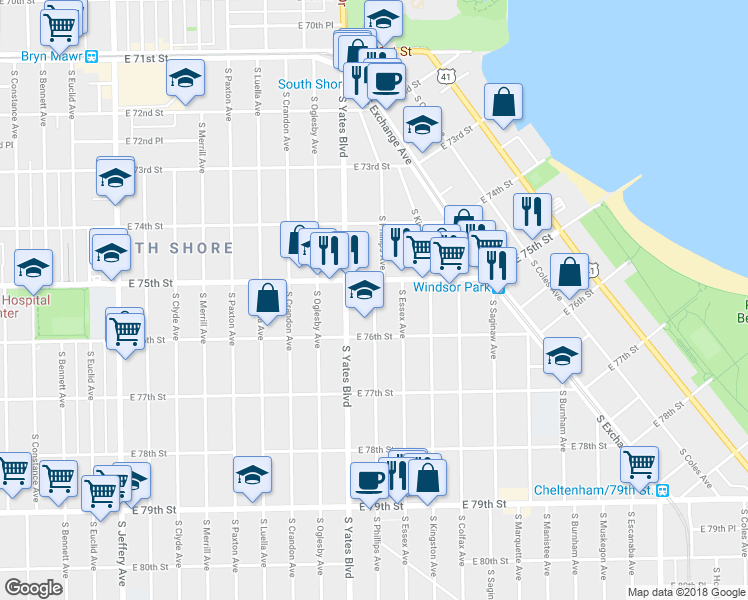 map of restaurants, bars, coffee shops, grocery stores, and more near 7518 S Phillips Ave in Chicago