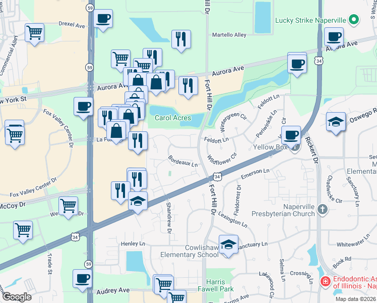 map of restaurants, bars, coffee shops, grocery stores, and more near 2506 Carrolwood Road in Naperville