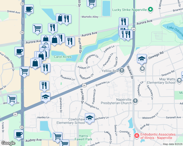 map of restaurants, bars, coffee shops, grocery stores, and more near 716 Wildflower Circle in Naperville