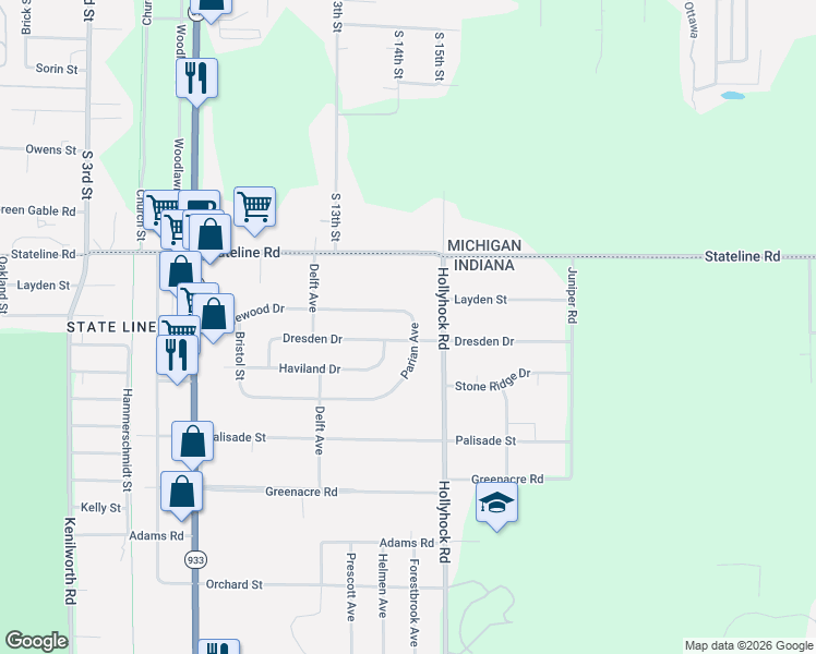 map of restaurants, bars, coffee shops, grocery stores, and more near 50539 Parian Avenue in South Bend