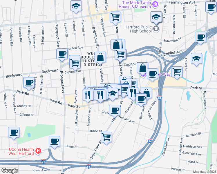 map of restaurants, bars, coffee shops, grocery stores, and more near 42 Chadwick Avenue in Hartford