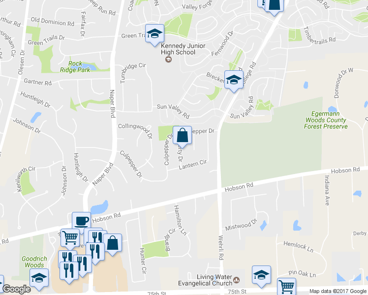map of restaurants, bars, coffee shops, grocery stores, and more near 1012 Liberty Drive in Naperville