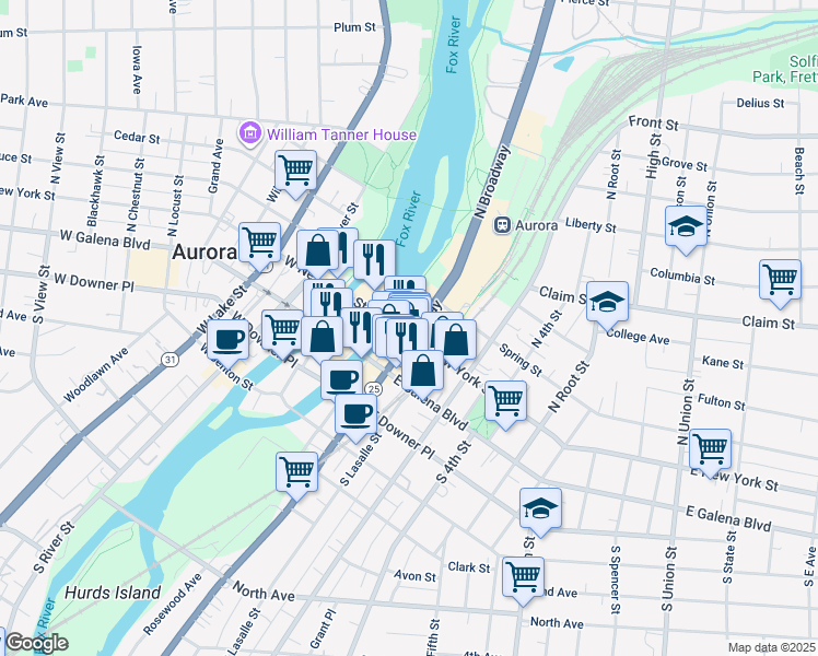 map of restaurants, bars, coffee shops, grocery stores, and more near 36 East New York Street in Aurora