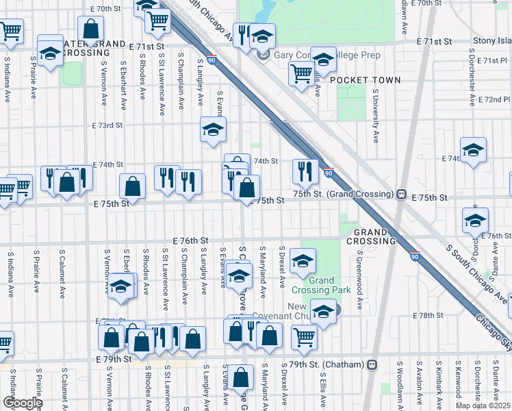 map of restaurants, bars, coffee shops, grocery stores, and more near 821 East 75th Street in Chicago