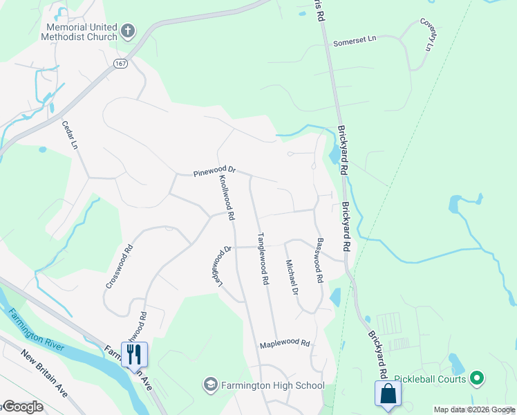 map of restaurants, bars, coffee shops, grocery stores, and more near 42 Tanglewood Road in Farmington