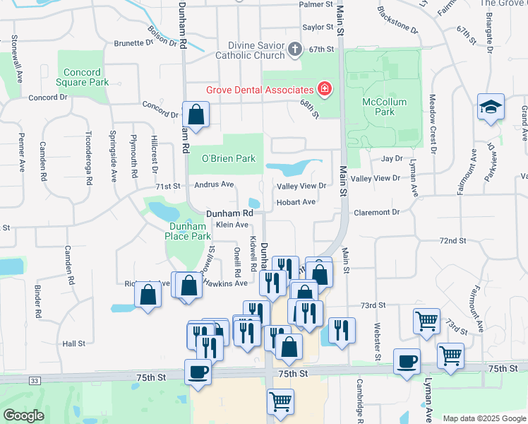 map of restaurants, bars, coffee shops, grocery stores, and more near 1242 71st Street in Downers Grove