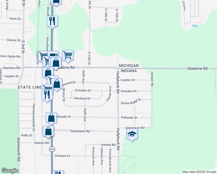map of restaurants, bars, coffee shops, grocery stores, and more near 50539 Parian Avenue in South Bend