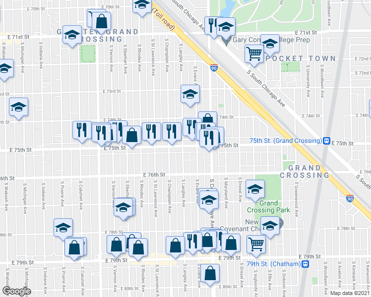 map of restaurants, bars, coffee shops, grocery stores, and more near 703 East 75th Street in Chicago