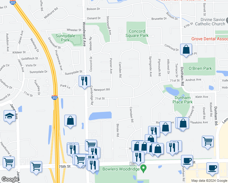map of restaurants, bars, coffee shops, grocery stores, and more near 7037 Penner Avenue in Downers Grove