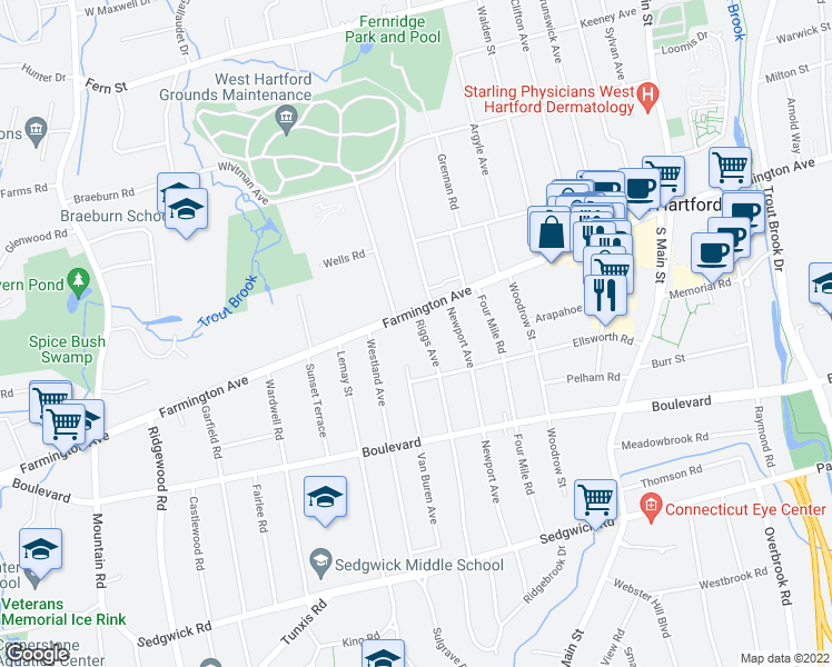 map of restaurants, bars, coffee shops, grocery stores, and more near 7 Riggs Avenue in West Hartford
