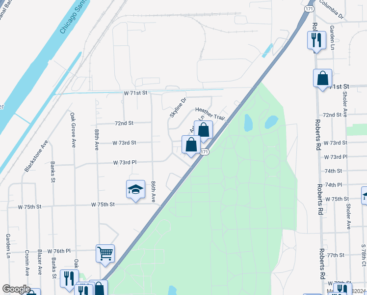 map of restaurants, bars, coffee shops, grocery stores, and more near 7426 Maple Drive in Justice