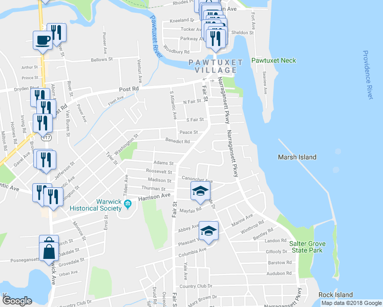 map of restaurants, bars, coffee shops, grocery stores, and more near 178 Fair Street in Warwick