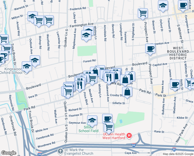 map of restaurants, bars, coffee shops, grocery stores, and more near 191 Whiting Lane in West Hartford