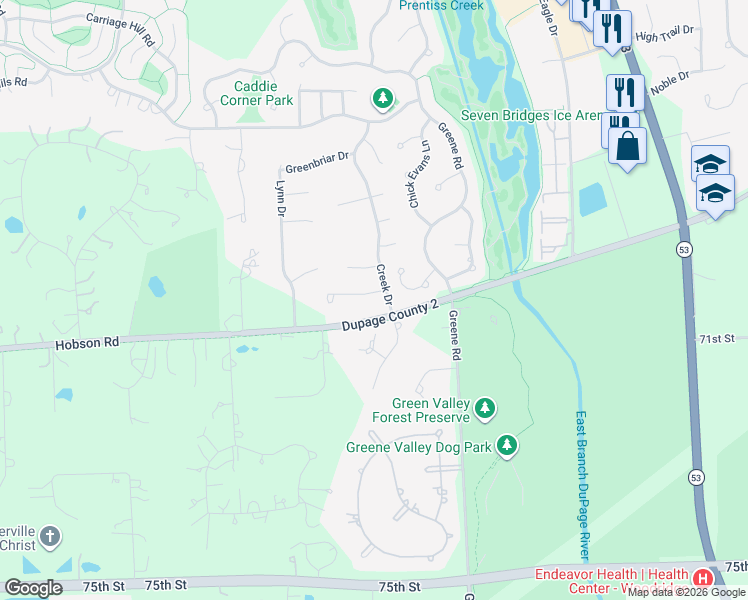 map of restaurants, bars, coffee shops, grocery stores, and more near 3909 Hobson Gate Court in Naperville