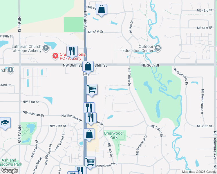 map of restaurants, bars, coffee shops, grocery stores, and more near 211 Northeast Eaglewood Drive in Ankeny
