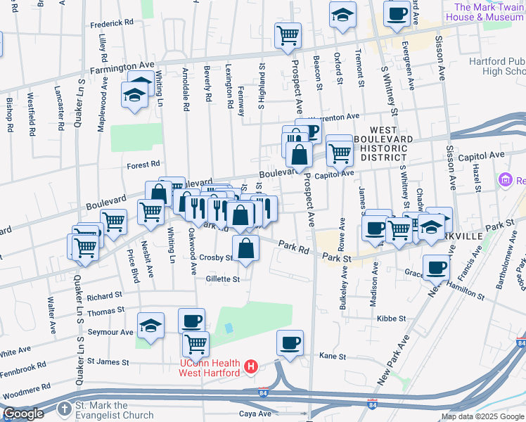map of restaurants, bars, coffee shops, grocery stores, and more near 203 South Highland Street in West Hartford