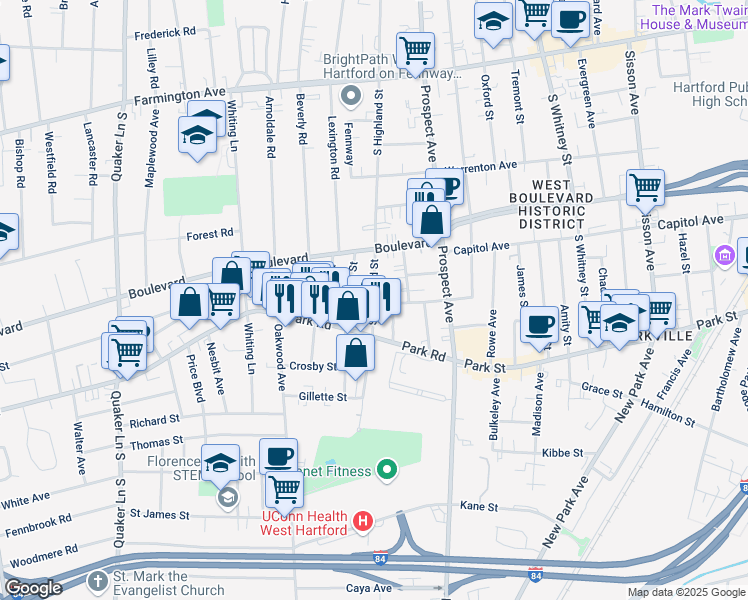 map of restaurants, bars, coffee shops, grocery stores, and more near 203 South Highland Street in West Hartford