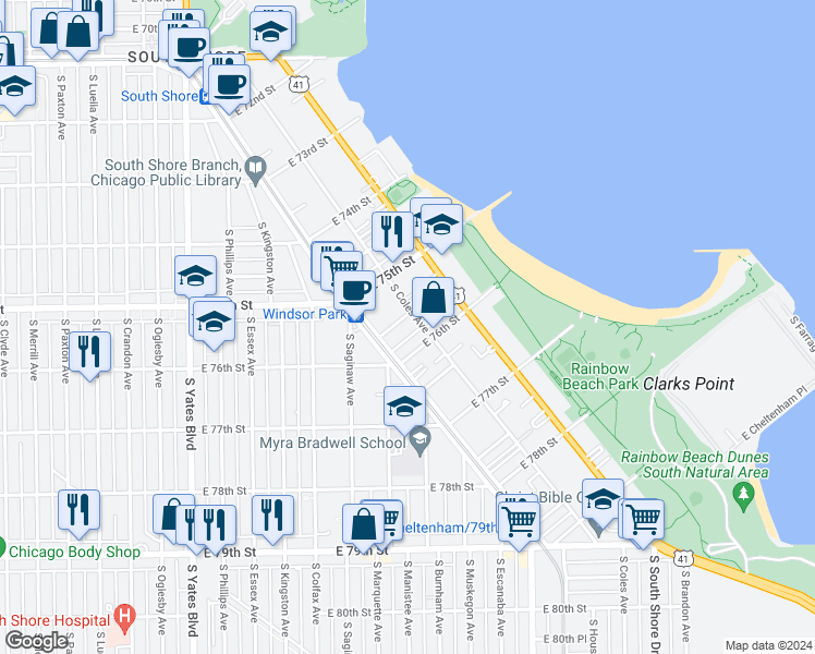 map of restaurants, bars, coffee shops, grocery stores, and more near 7556 South Coles Avenue in Chicago