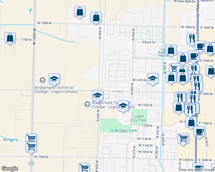 map of restaurants, bars, coffee shops, grocery stores, and more near 537 1420 North in Logan