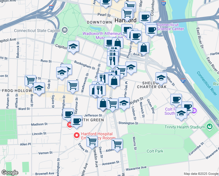 map of restaurants, bars, coffee shops, grocery stores, and more near 220 Main Street in Hartford