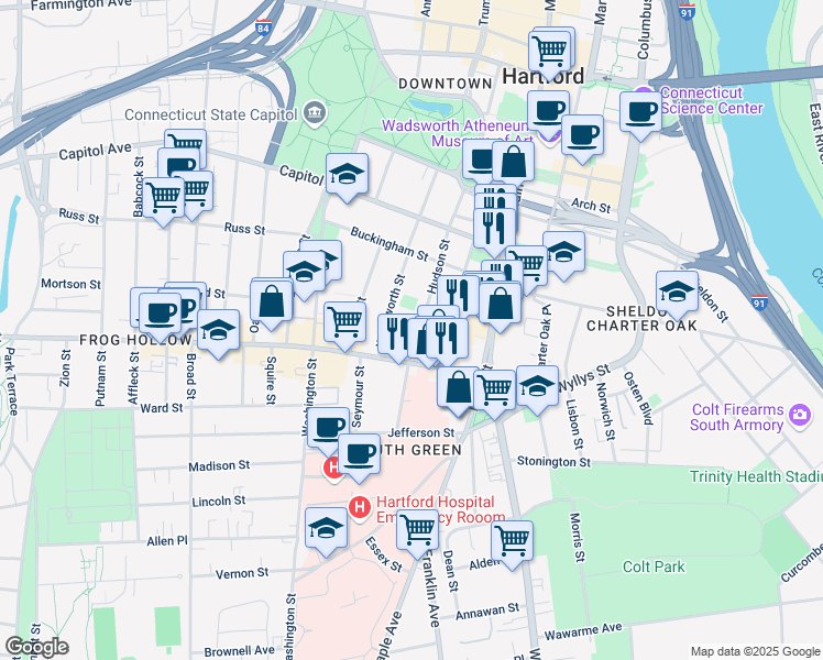 map of restaurants, bars, coffee shops, grocery stores, and more near 354 Hudson Street in Hartford