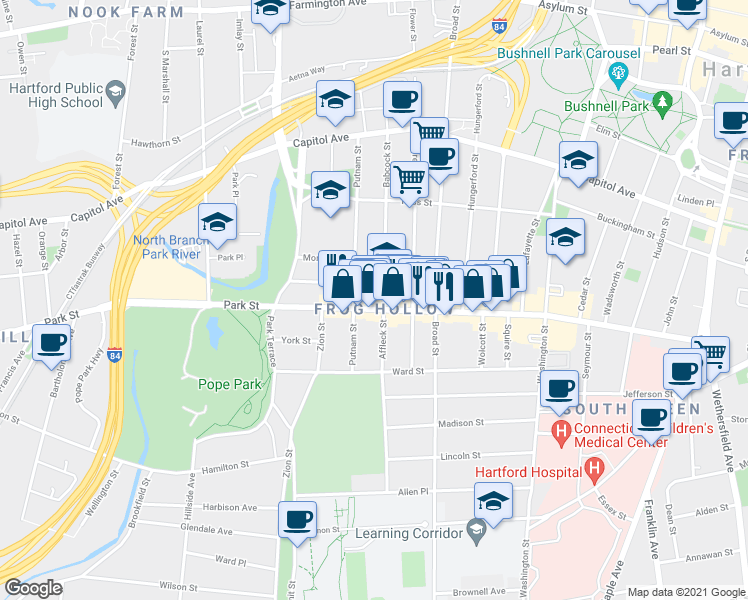 map of restaurants, bars, coffee shops, grocery stores, and more near in Hartford