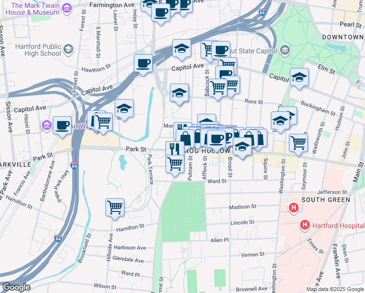 map of restaurants, bars, coffee shops, grocery stores, and more near in Hartford
