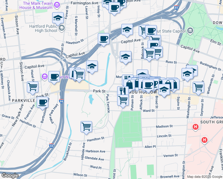 map of restaurants, bars, coffee shops, grocery stores, and more near 936 Park Street in Hartford