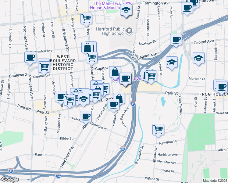 map of restaurants, bars, coffee shops, grocery stores, and more near 22 Orange Street in Hartford