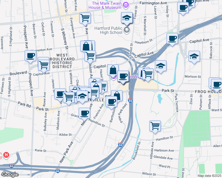 map of restaurants, bars, coffee shops, grocery stores, and more near 22 Orange Street in Hartford