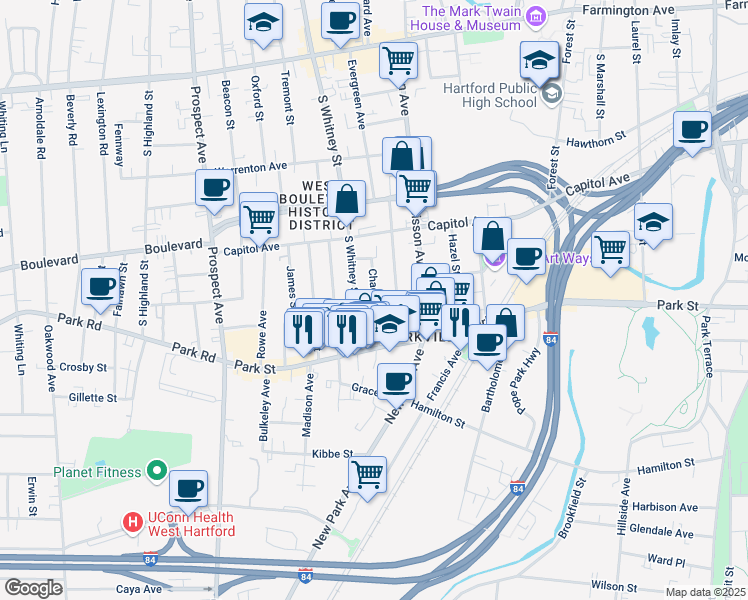 map of restaurants, bars, coffee shops, grocery stores, and more near 42 Chadwick Avenue in Hartford